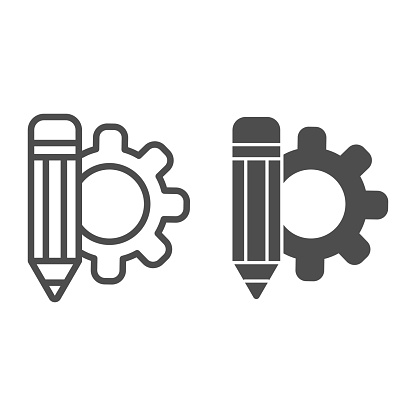 Pencil and gear wheel line and solid icon. Marketing inspiration and idea symbol, outline style pictogram on white background. Creating process with cogwheel sign for mobile concept and web design