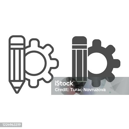 istock Pencil and gear wheel line and solid icon. Marketing inspiration and idea symbol, outline style pictogram on white background. Creating process with cogwheel sign for mobile concept and web design. 1224963319