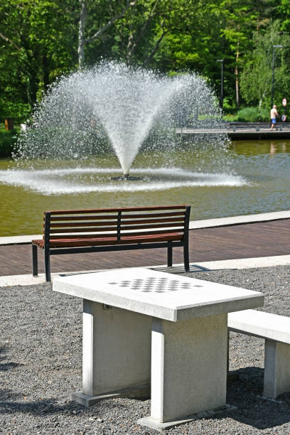 istock Chess table and fountain in the park woods in spring time 1224964545