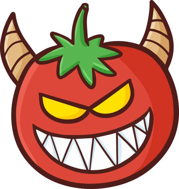Basic RGB Funny and scary tomato monster with horn smiling tomato face stock illustrations