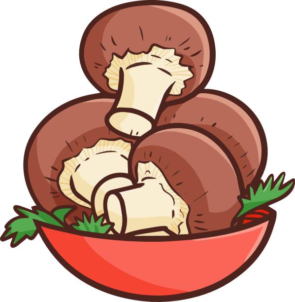 Basic RGB Funny and cute mushrooms in a red bowl for your cooking stuff crimini mushroom stock illustrations