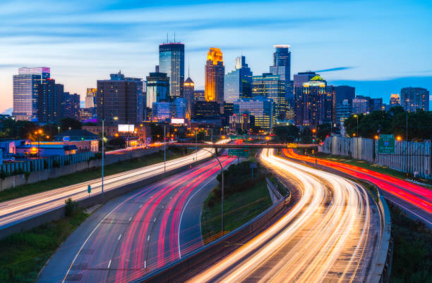 istock Minneapolis skyline with traffic light at night. 1224965796
