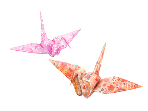 Watercolor illustration of paper crane.