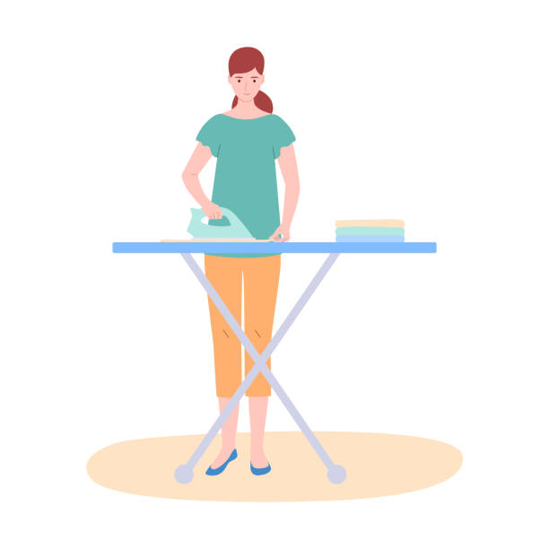 ilustrações, clipart, desenhos animados e ícones de a mulher que a dona de casa passa roupas, isolada no branco. - iron women ironing board stereotypical housewife