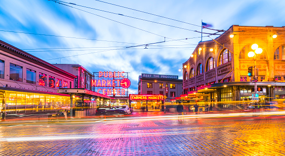 Seattle,Washington,usa. 02/06/17: Pike place market with reflection on the ground  at night..