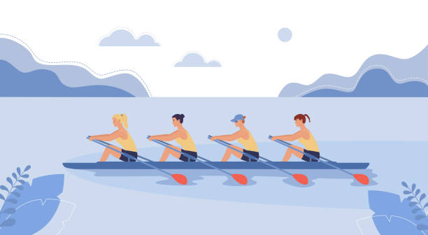 vier athletinnen schwimmen auf einem boot. - rudern stock-grafiken, -clipart, -cartoons und -symbole