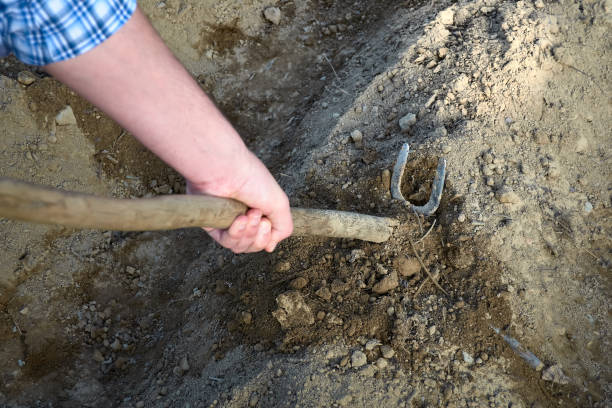istock Young man working in the garden using a mattock to remove the ground 1224972191