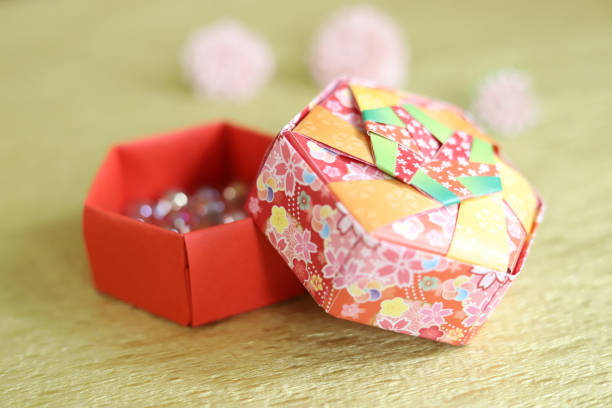 Colorful Japanese patterned hexagonal origami box with lid