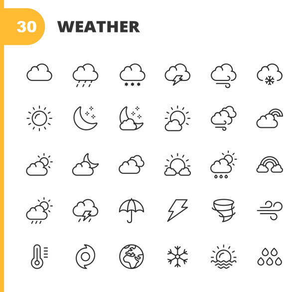 illustrazioni stock, clip art, cartoni animati e icone di tendenza di icone della linea meteo. tratto modificabile. pixel perfetto. per dispositivi mobili e web. contiene icone come meteo, sole, nuvola, pioggia, neve, temperatura, clima, luna, vento, ciclone, cambiamento climatico, tornado, bufera di neve, fulmini. - cyclone