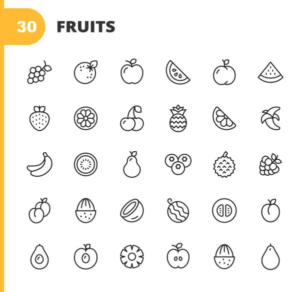 Vector illustration of Fruit Line Icons. Editable Stroke. Pixel Perfect. For Mobile and Web. Contains such icons as Watermelon, Orange, Banana, Pear, Pineapple, Grapes, Apple, Blueberry, Strawberry, Peach, Coconut, Mandarin, Pineapple, Fruit, Healthy Lifestyle, Vegan, Eating.