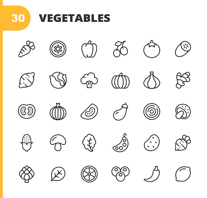 30 Vegetable Outline Icons. Carrot, Lemon, Pepper, Tomato, Cucumber, Potato, Cabbage, Salad, Broccoli, Pumpkin, Onion, Ginger, Zucchini, Mushrooms, Corn, Beans, Peas, Parsley, Arugula, Hot Pepper, Spinach, Radish, Lettuce.