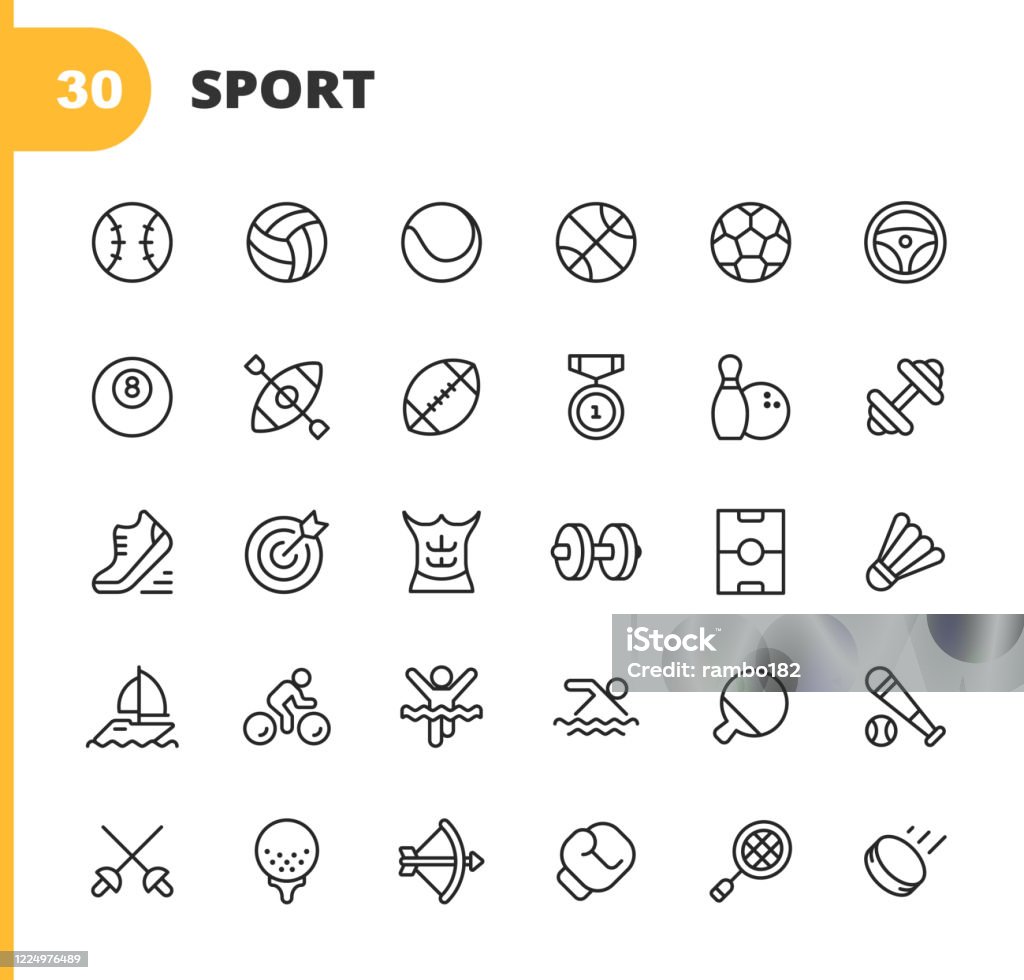 Sport Line Icons. Editable Stroke. Pixel Perfect. For Mobile and Web. Contains such icons as Baseball, Volleyball, Tennis, Basketball, Soccer, Medal, Running Shoes, Muscles, Bicycle, Ricing, Pool, Golf, Bowling, Gym, Surfing, Box, Archery, Swimming. 30 Sport Outline Icons. Baseball, Volleyball, Tennis, Basketball, Soccer, Football, Ricing, Pool, Kayak, Medal, Tournament, Bowling, Gym, Weightlifting, Running, Darts, Bodybuilding, Dumbbells, Pitch, Sailing, Cycling, Swimming, Fencing, Box, Hockey, Archery. Icon stock vector