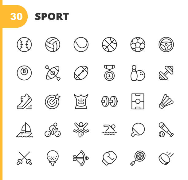 Sport Line Icons. Editable Stroke. Pixel Perfect. For Mobile and Web. Contains such icons as Baseball, Volleyball, Tennis, Basketball, Soccer, Medal, Running Shoes, Muscles, Bicycle, Ricing, Pool, Golf, Bowling, Gym, Surfing, Box, Archery, Swimming. 30 Sport Outline Icons. Baseball, Volleyball, Tennis, Basketball, Soccer, Football, Ricing, Pool, Kayak, Medal, Tournament, Bowling, Gym, Weightlifting, Running, Darts, Bodybuilding, Dumbbells, Pitch, Sailing, Cycling, Swimming, Fencing, Box, Hockey, Archery. sports stock illustrations