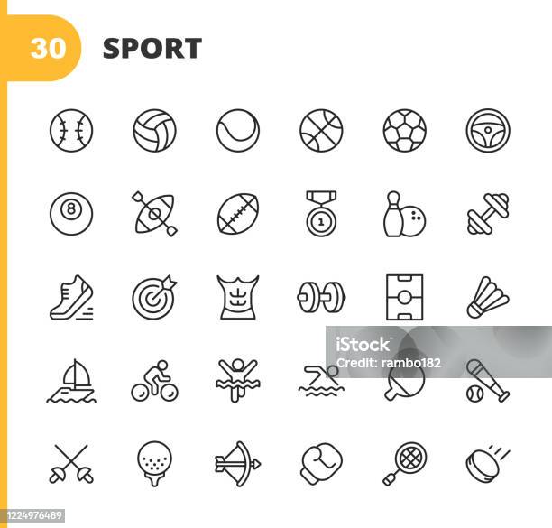 Sport Line Icons Editable Stroke Pixel Perfect For Mobile And Web Contains Such Icons As Baseball Volleyball Tennis Basketball Soccer Medal Running Shoes Muscles Bicycle Ricing Pool Golf Bowling Gym Surfing Box Archery Swimming Stock Illustration - Download Image Now