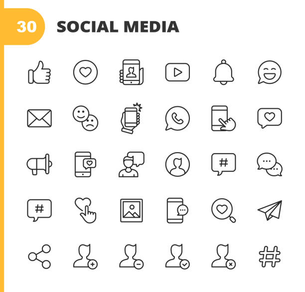 social media line icons. bearbeitbarer strich. pixel perfekt. für mobile und web. enthält symboleweise like button, thumb up, selfie, photography, speaker, advertising, online messaging, hashtag, profile, notification, influencer, emoji, social network. - chat room illustrations stock-grafiken, -clipart, -cartoons und -symbole