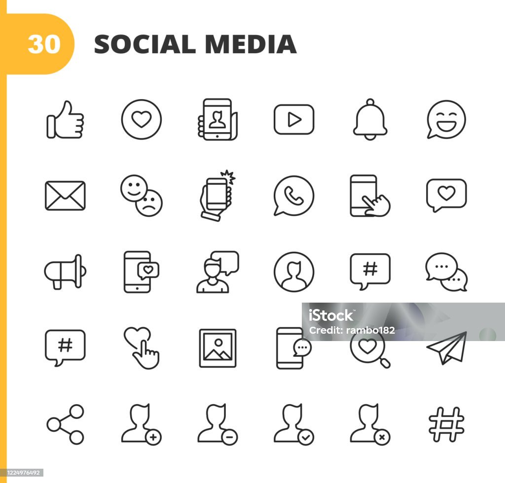 Social Media Line Icons. Editable Stroke. Pixel Perfect. For Mobile and Web. Contains such icons as Like Button, Thumb Up, Selfie, Photography, Speaker, Advertising, Online Messaging, Hashtag, Profile, Notification, Influencer, Emoji, Social Network. 30 Social Media Outline Icons. Like, Thumb Up, Favourite, Profile, Video, Notification, Emoji, Email, Selfie, Phone, Talking, Touch Gesture, Advertising, Text Messaging, Hashtag, Photography, Online Messaging, User, Social Network, Blogging, Influencer. Icon stock vector