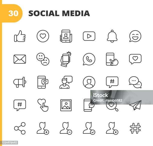 Social Media Line Icons Editable Stroke Pixel Perfect For Mobile And Web Contains Such Icons As Like Button Thumb Up Selfie Photography Speaker Advertising Online Messaging Hashtag Profile Notification Influencer Emoji Social Network Stock Illustration - Download Image Now