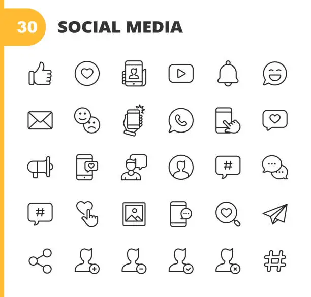 Vector illustration of Social Media Line Icons. Editable Stroke. Pixel Perfect. For Mobile and Web. Contains such icons as Like Button, Thumb Up, Selfie, Photography, Speaker, Advertising, Online Messaging, Hashtag, Profile, Notification, Influencer, Emoji, Social Network.