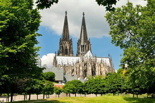 Linz, Austria - March 4, 2023: Facade of neo-gothic New Cathedral, the largest church in country