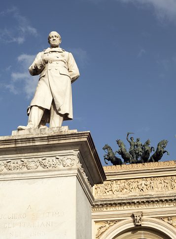 View of the Ruggero Settimo - Roger the Seventh monument in the Politeama square, Palermo. Italy