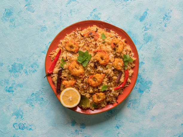 Biryani with shrimp. Tasty and delicious prawns biryani, top view
