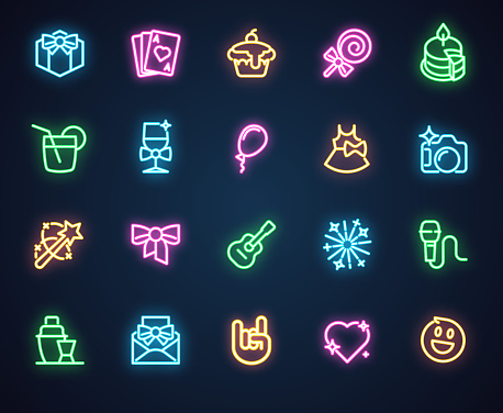 Neon icons for music, holiday, romantic, party theme. Set of 20 shining fluorescent labels isolated on black background. Advertising led logo. Vector illustration