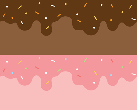 Set of ice cream toppings seamless upper border pattern. Including chocolate sauce and strawberry sauce with sprinkles. Flat vector illustration.