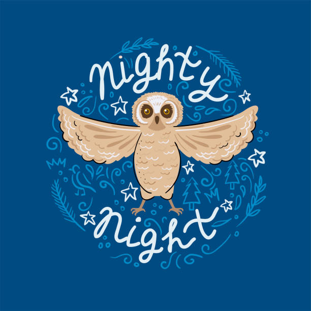 ilustrações de stock, clip art, desenhos animados e ícones de the vector illustration of the circle with owl and  lettering nighty night - background cosy beauty close up
