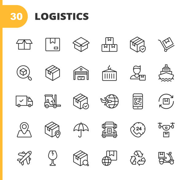 ロジスティクスと配信ラインのアイコン編集可能なストローク。ピクセルパーフェクト。モバイルとウェブ用。このような輸送、配達、ボックス、保険、船、飛行機、トラック、バーコード� - bar code点のイラスト素材／クリップアート素材／マンガ素材／アイコン素材