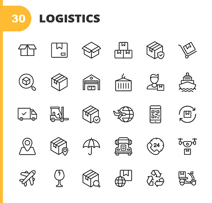 30 Logistics and Delivery Outline Icons. Package, Delivery, Shipment, Box, Insurance, Warehouse, Distribution, Search, Garage, Postman, Supplier,  Container, Freight, Courier, Last Mile Delivery, Bar Code, Recycling, Location, Truck, Drone, Plane, Glass, Food Delivery, Factory, Global Transport.