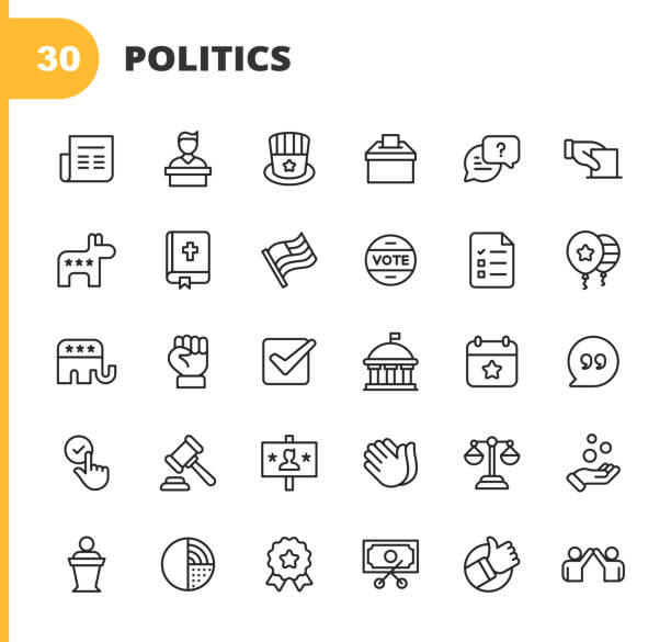 politik linie icons. bearbeitbarer strich. pixel perfekt. für mobile und web. enthält symbole wie abstimmung, kampagne, kandidat, präsident, recht, spende, regierung, kongress, republikaner, demokraten, bibel, wahl, flagge, debatte, macht. - politik stock-grafiken, -clipart, -cartoons und -symbole