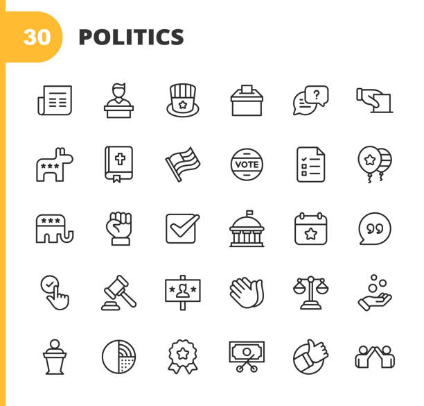 30 Politics Outline Icons. Newspaper, Candidate, Politician, Voting, Debate, Vote, Republicans, Bible, Flag, Promises, Balloon, Democrats, Power, Government, Calendar Date, Quote, Law, Advertising, Billboard, Support, Court, Donation, Chart.