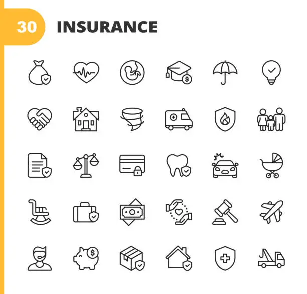 Vector illustration of Insurance Line Icons. Editable Stroke. Pixel Perfect. For Mobile and Web. Contains such icons as Insurance, Agent, Shipping, Family, Credit Card, Health Insurance, Savings, Accident, Law, Travel Insurance, Real Estate, Support, Retirement.