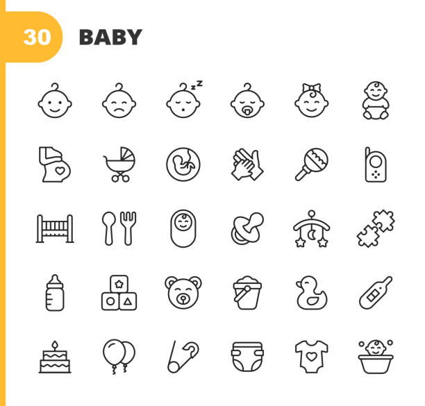 baby-linie-symbole. bearbeitbarer strich. pixel perfekt. für mobile und web. enthält symbole wie baby, kinderwagen, schwangerschaft, milch, geburt, zitzen, elternschaft, entenspielzeug, wiege, windel, mutter. - beißring stock-grafiken, -clipart, -cartoons und -symbole