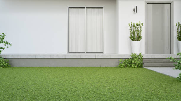 istock New house with gray door and empty white wall. 1224984066