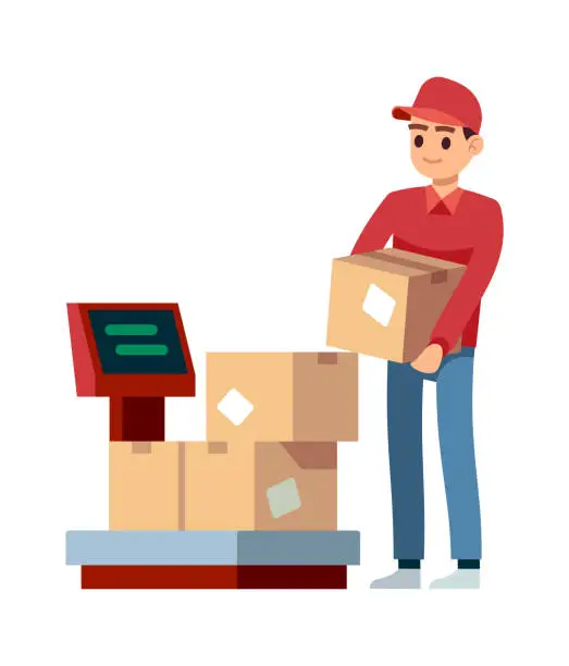 Vector illustration of Warehouse. Man puts boxes on scales in industry offices, isolated vector comcept of delivery services