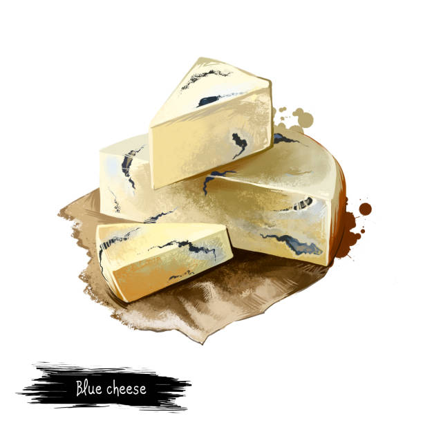 ilustrações, clipart, desenhos animados e ícones de queijo azul em papel ilustração de arte digital isolada em fundo branco. laticínios frescos, alimentos orgânicos saudáveis em design realista. delicioso aperitivo, lanche gourmet refeição italiana - cheese portion delicatessen unpleasant smell