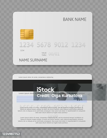 istock White credit card. Realistic plastic cards with chip front and back view mockup. Security bank payment vector finance concept 1224987752