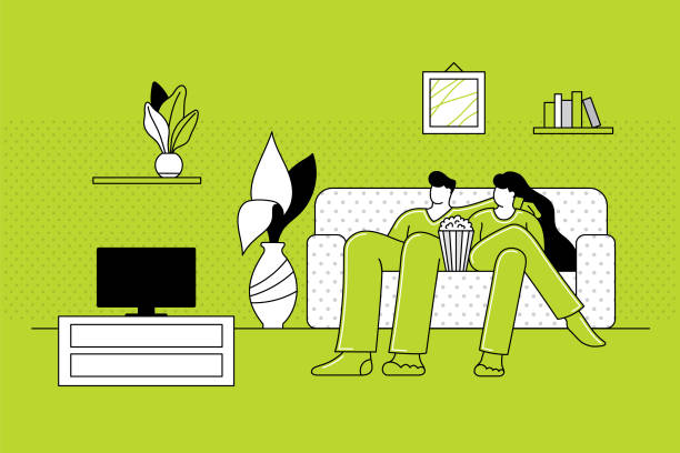 Couple staying at home Couple watching TV. Home leisure activities concept.
Editable vectors on layers. resting illustrations stock illustrations