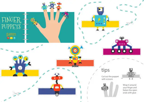 Vector illustration of Finger puppet vector robots. Cut and glue educational illustration for little children