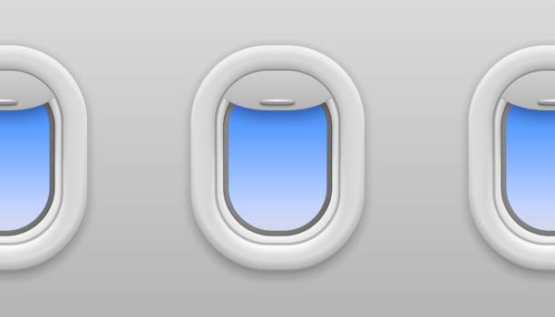 istock Plane window. Airplane windows with blue sky view, opened porthole in flying airplane, travel and tourism, seamless vector texture 1224988415