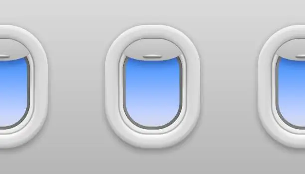 Vector illustration of Plane window. Airplane windows with blue sky view, opened porthole in flying airplane, travel and tourism, seamless vector texture