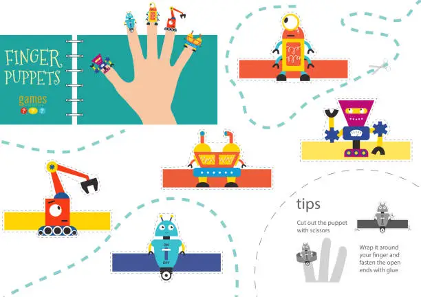 Vector illustration of Vector robotics as finger puppets. Cut and glue riddle for preschool kids