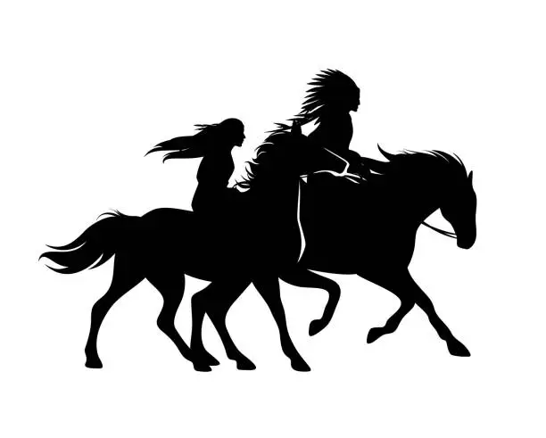 Vector illustration of north american native man and woman riding horses black vector silhouette