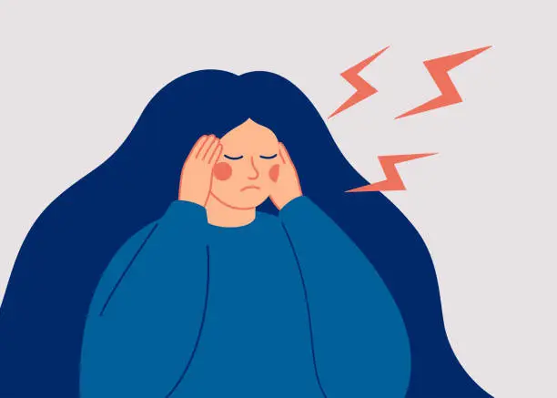 Vector illustration of Young woman has a dreadful headache