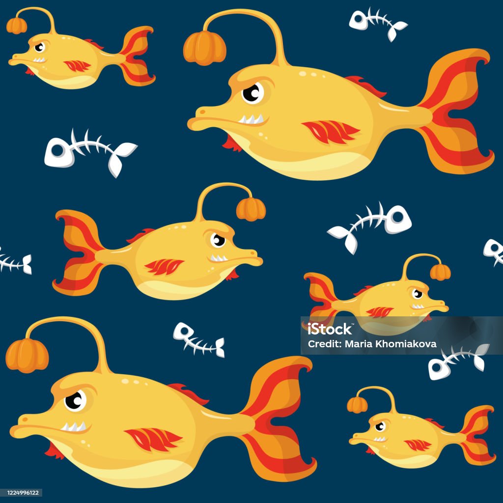 Monster Fish Outline Seamless Pattern Monster Fish Deep Sea Anglerfish Stock Illustration ...