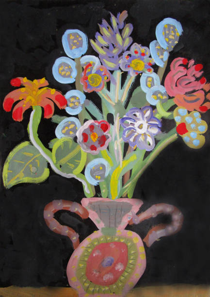 istock Bouquet of flowers on black background, gouache 1224997822
