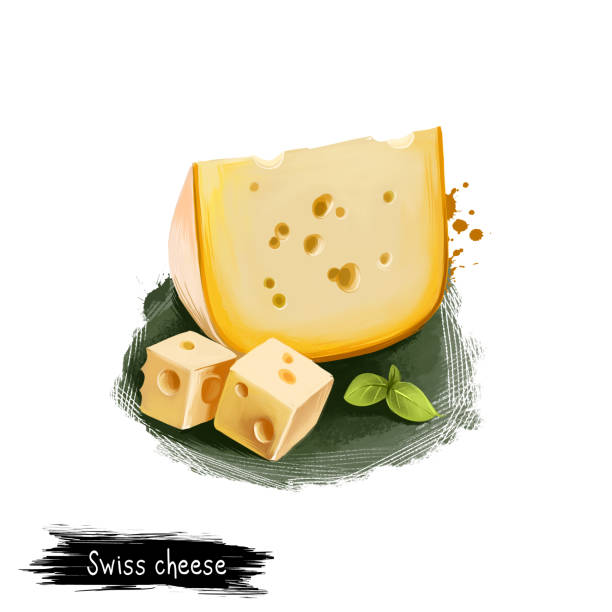 ilustrações, clipart, desenhos animados e ícones de queijo suíço com manjericão, ilustração de arte digital isolada em fundo branco. laticínios frescos, alimentos orgânicos saudáveis em design realista. delicioso aperitivo, lanche gourmet refeição italiana. - block portion part of french culture