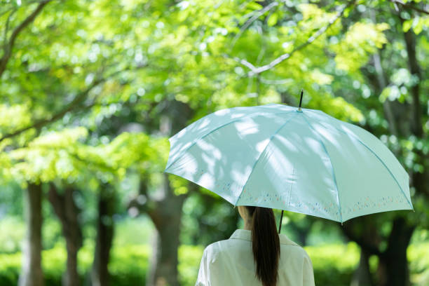 junge frau mit regenschirm im frischen grün - parasol stock-fotos und bilder