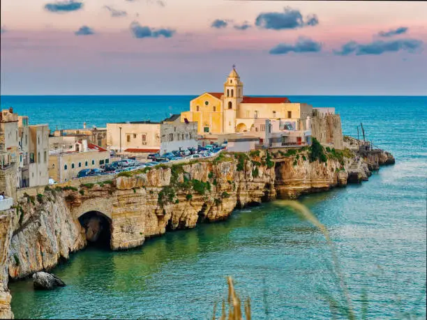 Panoramic view of little town of Vieste in summer in Apulia south of Italy cityscape of Vieste coastal town in Gargano National Park, Italy, Europe